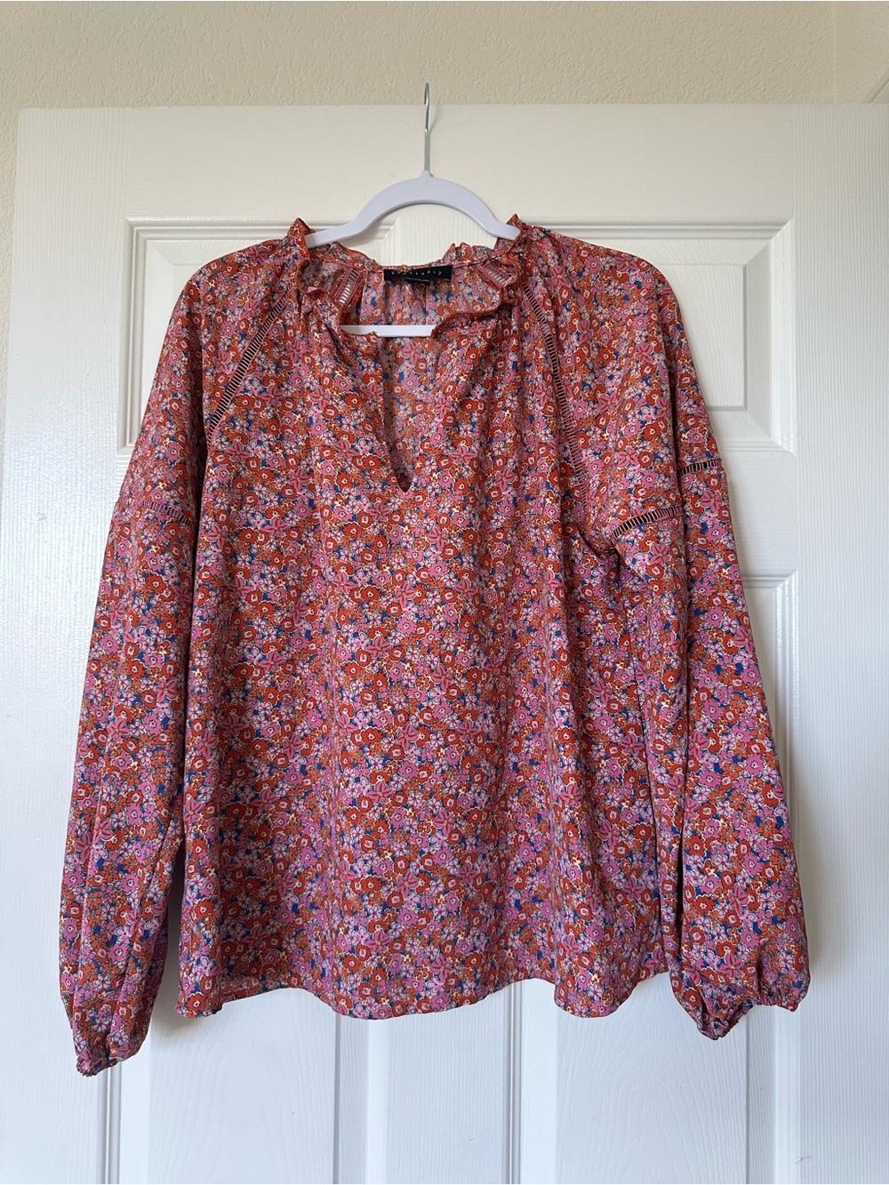Sanctuary Tie Neck Balloon Sleeve Ruffle Boho Floral Blouse Peasant